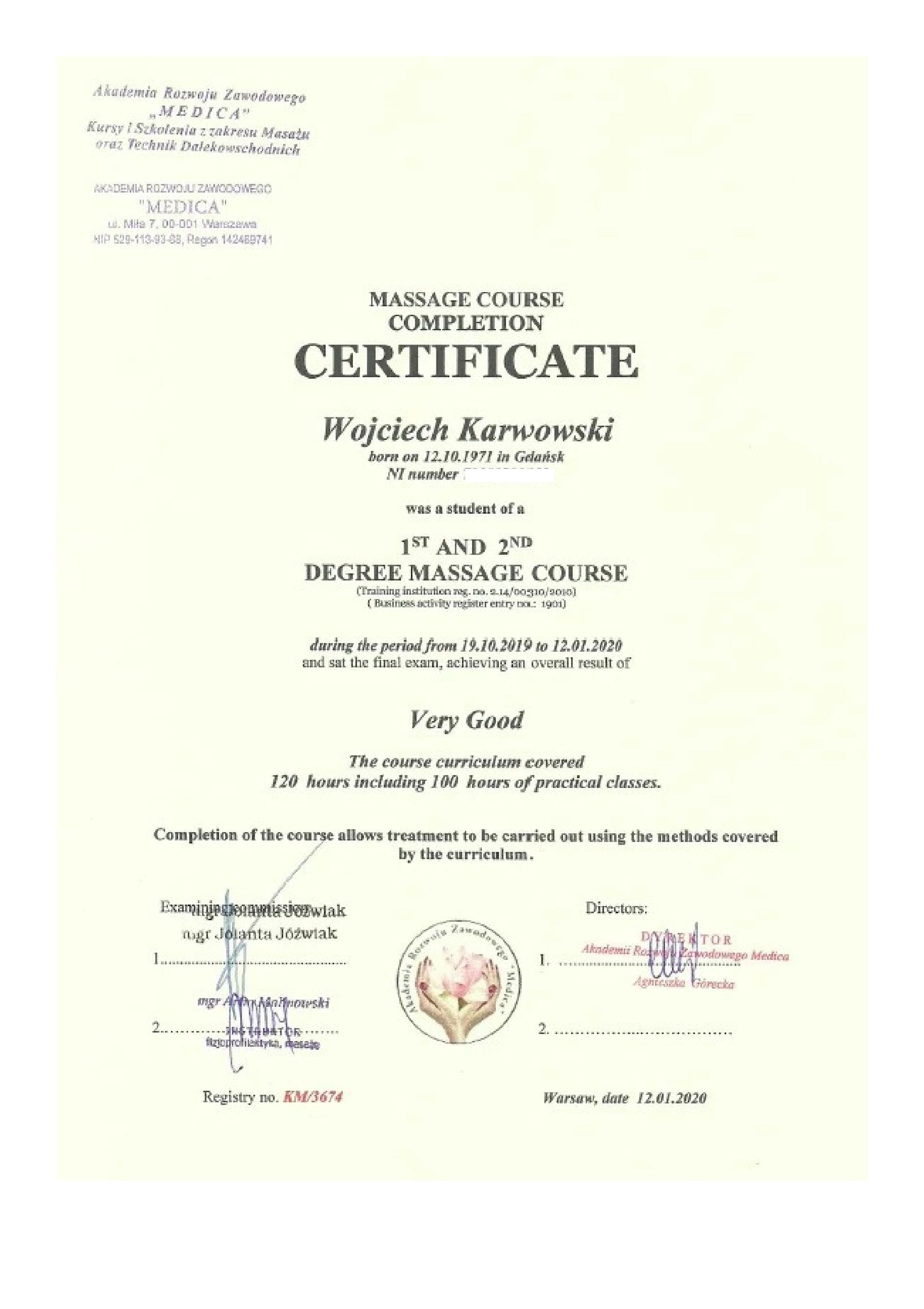 Certyfikat Masaż Terapeutyczny